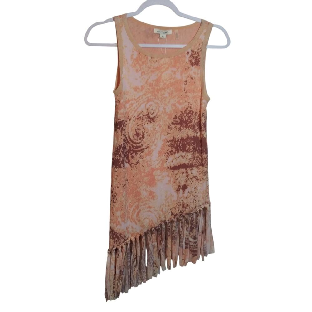 Simply Noelle Peach Tie-Dye Fringe Asymmetrical Tunic Top In Flamingo Size Xs